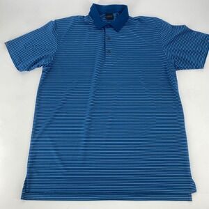 DUNNING GOLF Mens Large Blue Striped Performance Polo Shirt Short Sleeve
